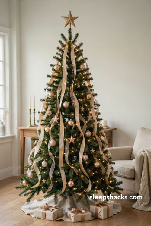 Metallic gold ribbon cascades flowing down a christmas tree with warm white lights