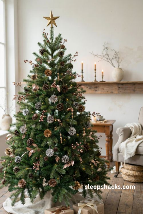 Metallic pinecones and champagne berry picks on a classic green christmas tree