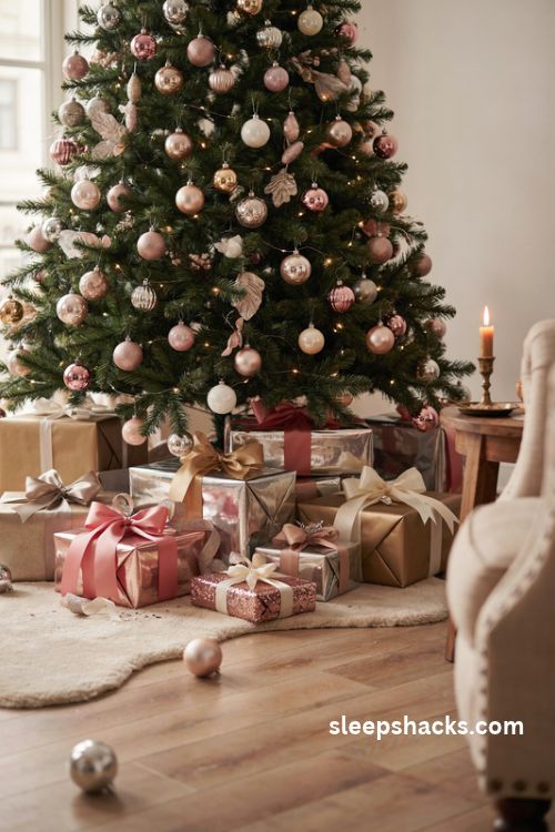 Metallic wrapped christmas gifts with oversized bows beneath a glamorous gold and silver tree