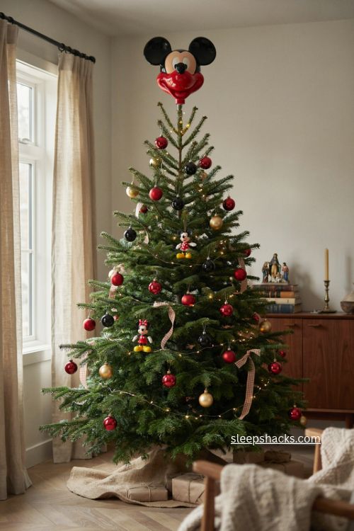 Mickey Christmas tree topper with red black yellow ornaments and classic Disney holiday decor 