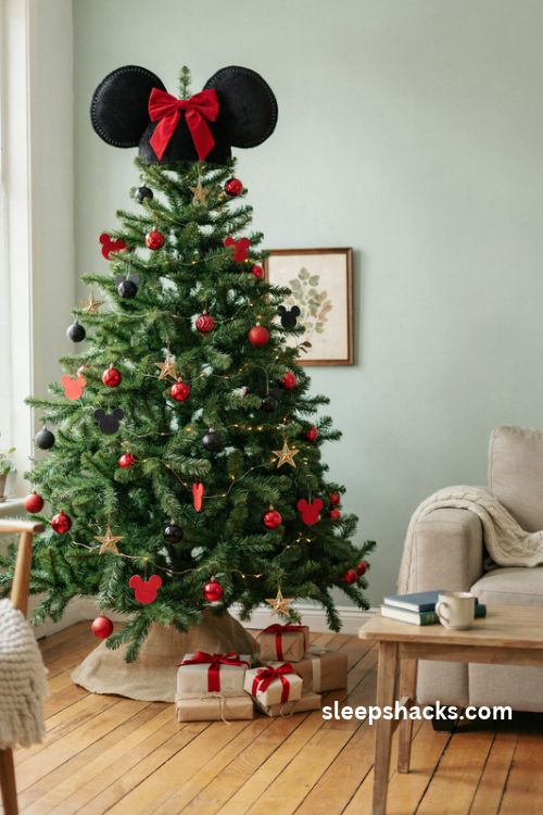 Mickey mouse christmas tree topper with black velvet ears and red satin bow