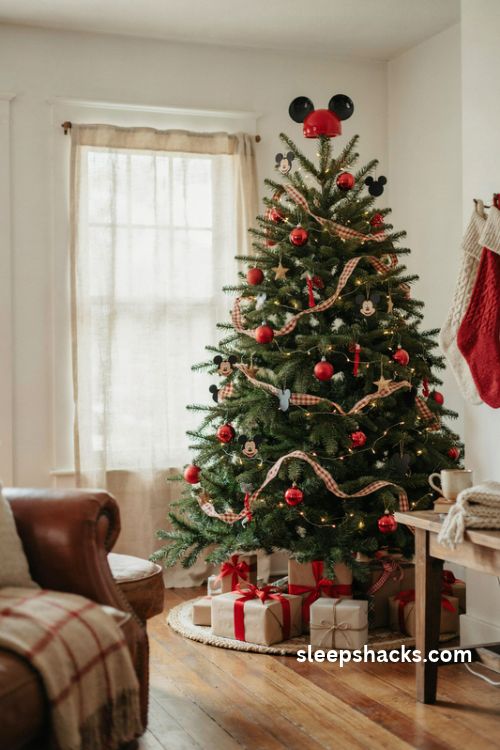 Mickey mouse christmas tree with classic red ornaments and nostalgic holiday decor