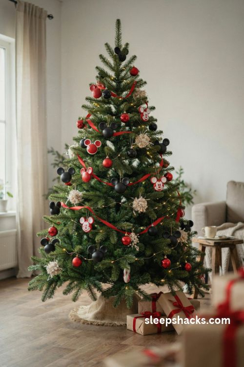 Mickey mouse ear christmas tree ornaments in different sizes with red ribbon