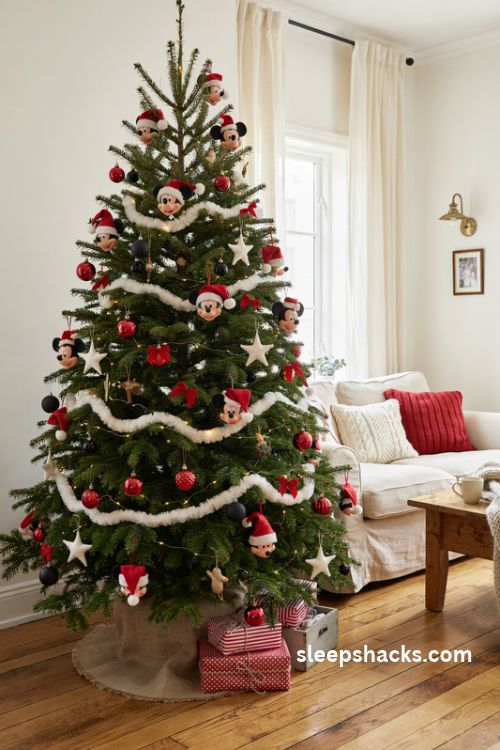 Mickey mouse santa hat christmas tree with red and white holiday ornaments