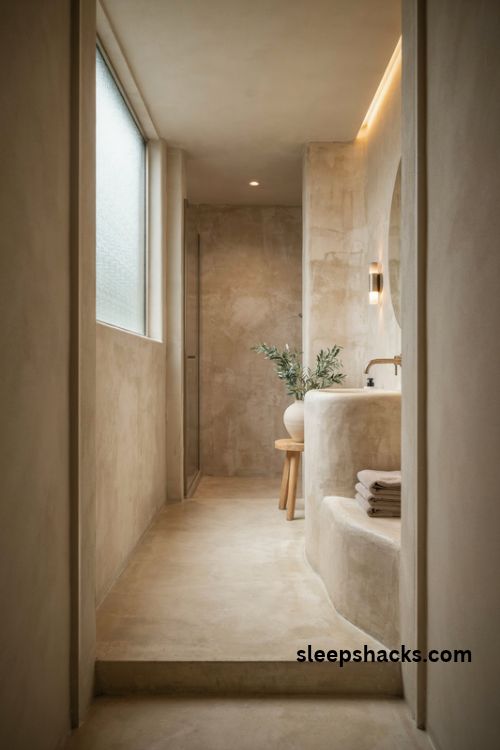 Microcement bathroom ideas with warm seamless walls and spa like minimalist finishes