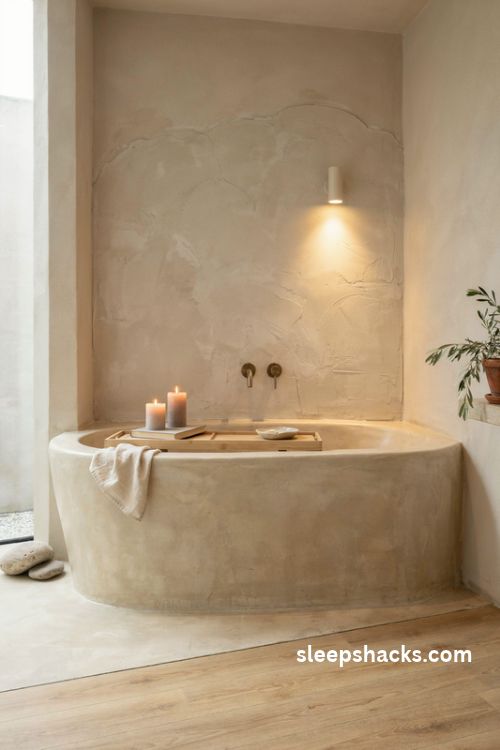 Microcement bathroom walls with elegant marble herringbone floor tiles