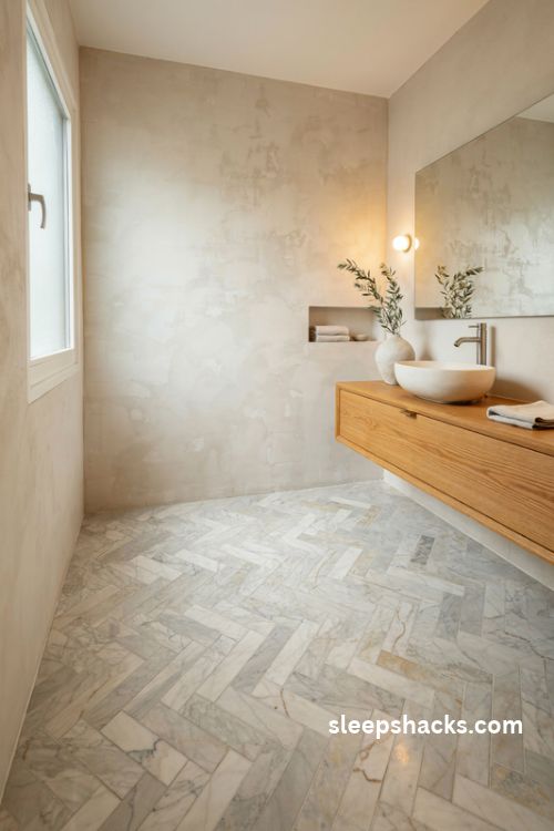 Microcement bathroom walls with warm ivory marble herringbone floor tiles