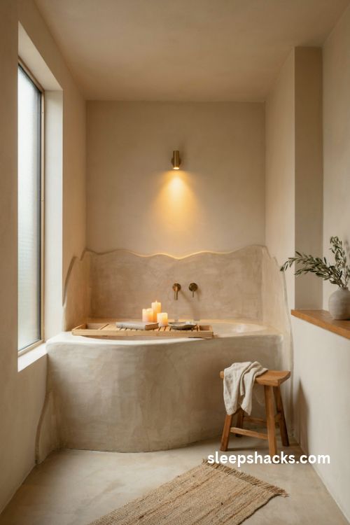 Microcement bathroom with a sculptural built in bathtub surround