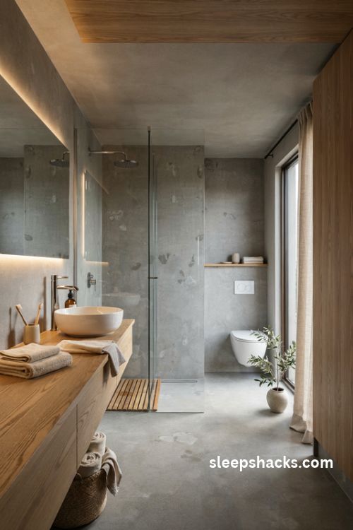 Microcement bathroom with natural oak vanity and warm timber accents