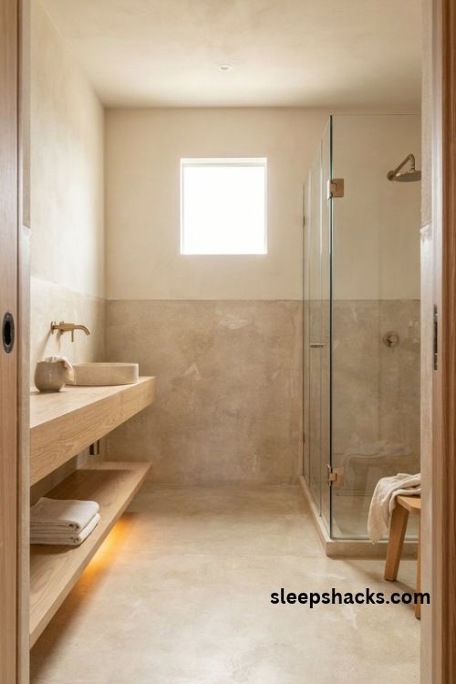 Microcement over existing bathroom tiles with seamless warm beige walls and modern finishes
