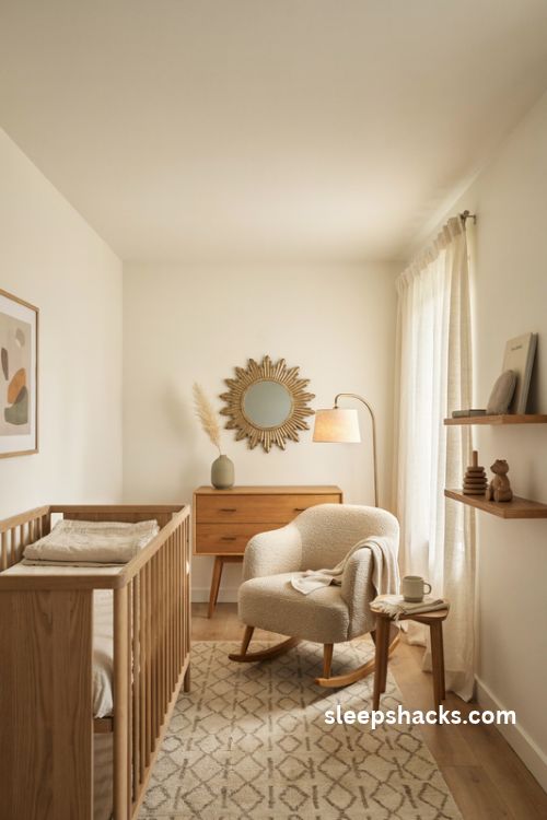 Mid century modern gender neutral nursery with walnut crib and tapered wood furniture