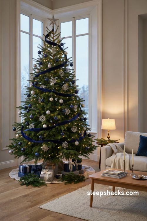Midnight blue and silver christmas tree with navy velvet ribbon frosted ornaments and warm white lights