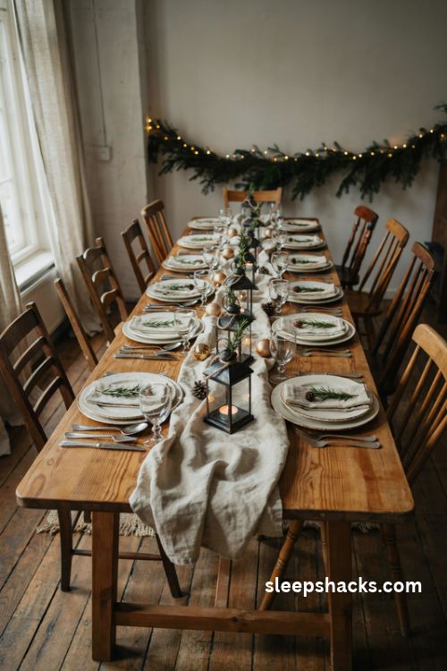 Mini Christmas lanterns at each place setting with rosemary sprigs and warm fairy lights