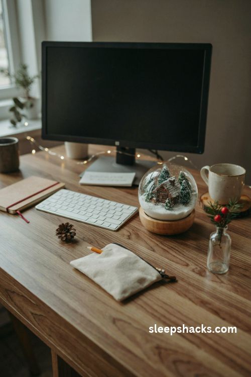 Mini Christmas snow globe with a snowy woodland cabin beside the keyboard on a cozy festive desk