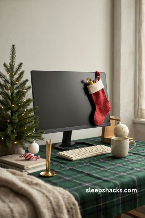 Mini Christmas stocking with candy and a personalized initial ornament on a cozy festive desk