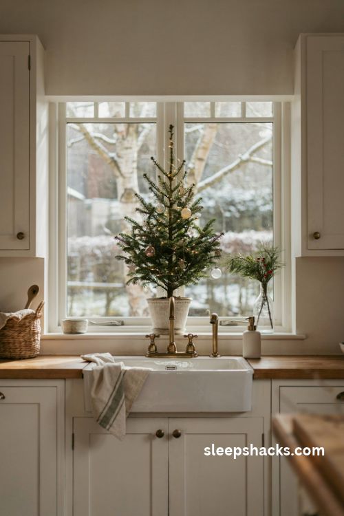 Mini Christmas tree in a sunny kitchen window nook above a farmhouse sink with glass ornaments