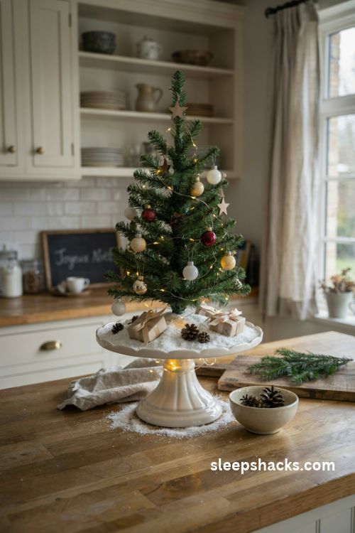 Mini Christmas tree on a glass pedestal cake stand with faux snow and tiny gifts