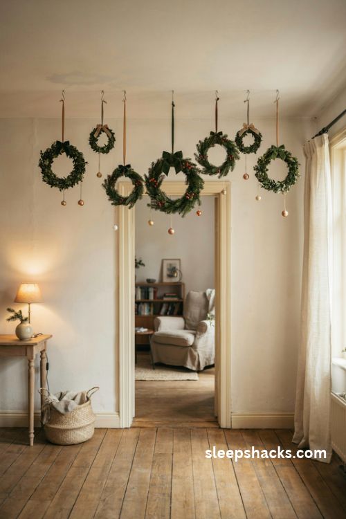 Mini Christmas wreath cluster arch with hanging ribbon bows and mixed evergreen greenery