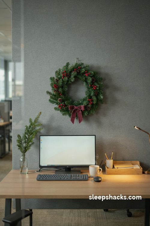 Mini Christmas wreath with pinecones red berries and a velvet bow on a cozy office cubicle wall