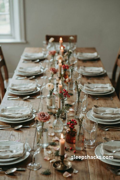 Mini bud vases with roses pine and winter berries for charming Christmas place settings