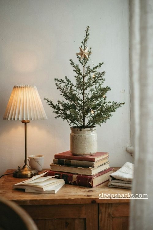 Mini charlie brown christmas tree on a stack of vintage books with muted red and cream spines