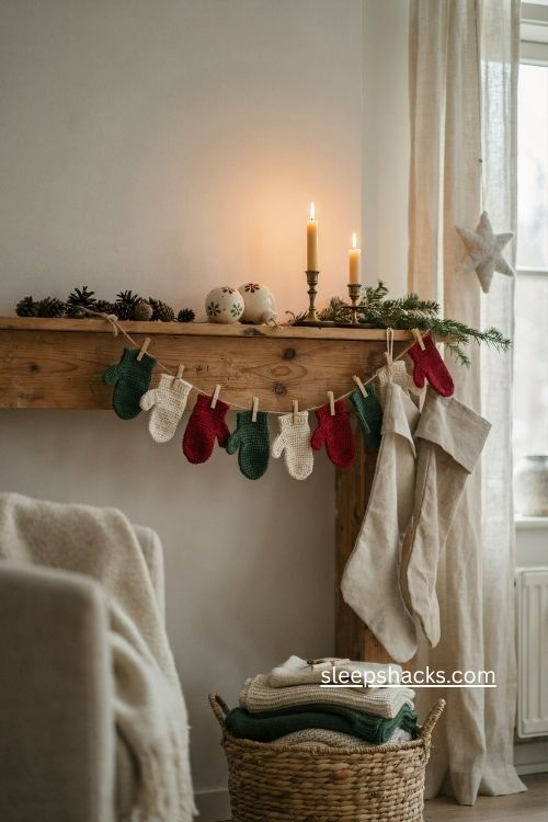 Mini crochet mitten Christmas garland with wooden clips and red green yarn