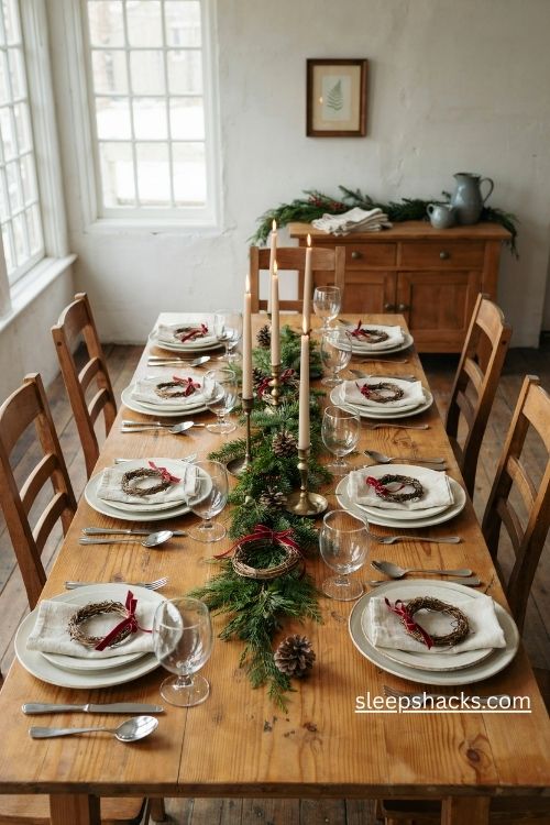 Mini evergreen wreath napkin rings with red ribbon for a rustic christmas table