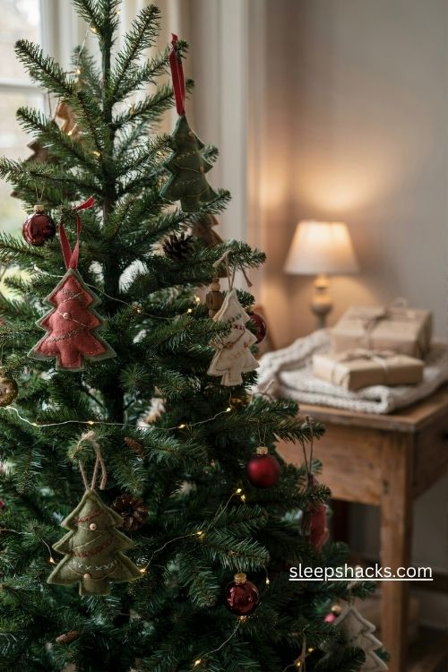 Mini felt Christmas tree ornaments with blanket stitching and handmade embroidery