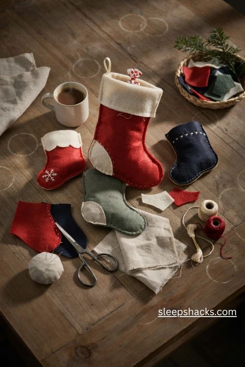 Mini felt christmas stocking ornaments with contrasting cuffs heels and decorative embroidery stitches