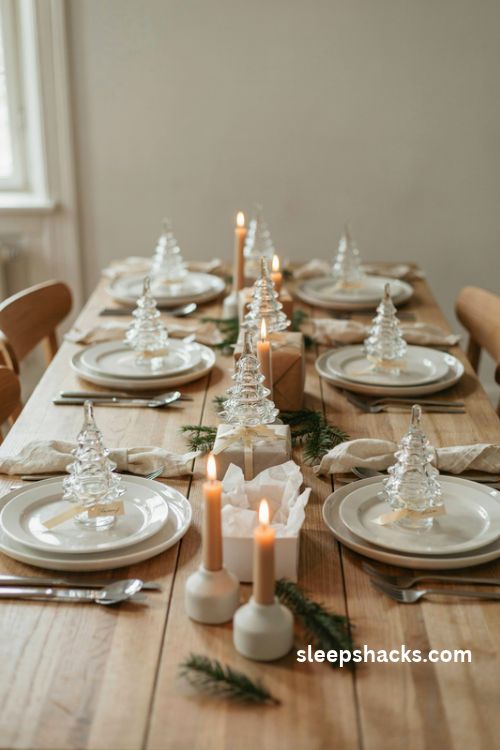 Mini glass christmas trees as elegant holiday place setting favors and gift toppers