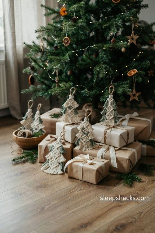 Mini macrame Christmas tree gift toppers on kraft paper presents with natural twine and linen ribbon