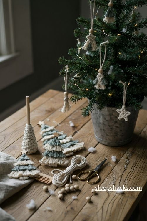 Mini macrame Christmas trees DIY with fluffy cotton fringe and wooden bead stars in cozy boho farmhouse holiday decor