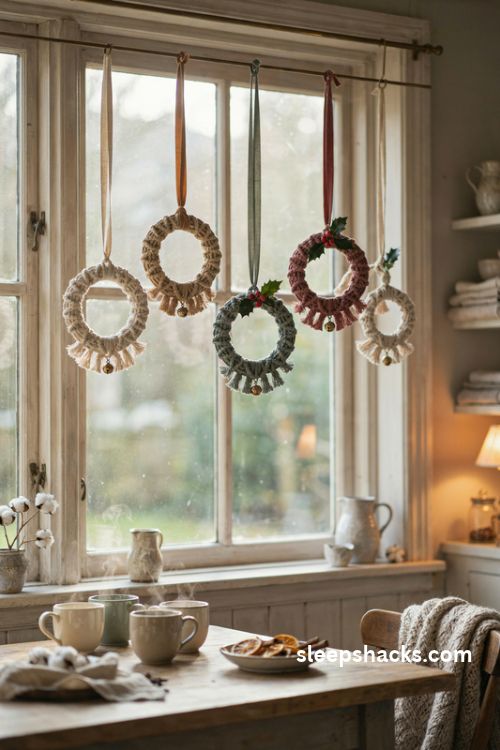 Mini macrame christmas wreaths hanging from ribbons in a cozy cottage window