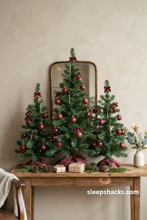 Mini maroon Christmas trees with burgundy ornaments on a cozy wooden console table