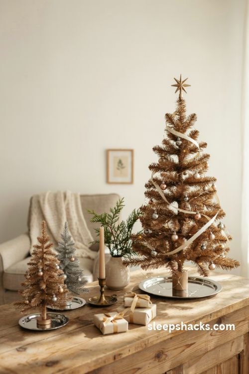 Mini metallic gold tabletop christmas tree with tiny mirrored ornaments and warm fairy lights
