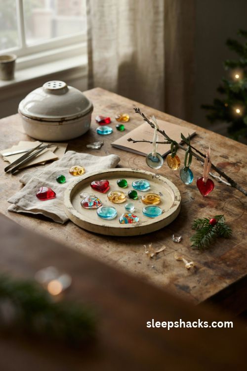 Mini microwave kiln fused glass christmas ornaments with colorful hearts dots and swirls