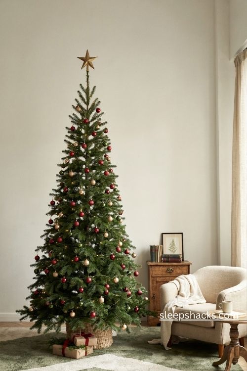 Mini ornaments on a slim pencil christmas tree with classic red gold and green decorations