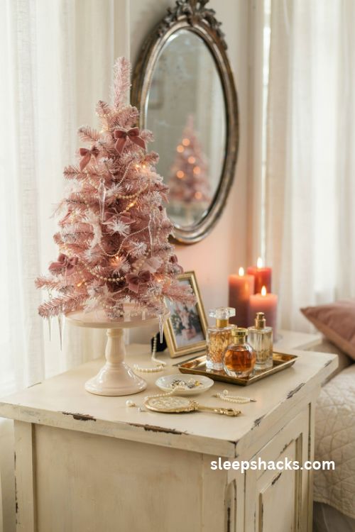 Mini pink christmas tree on a bedroom vanity with pearl ornaments velvet bows perfume bottles and blush candles