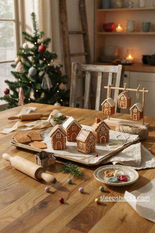 Mini polymer clay gingerbread house christmas ornaments with white icing and colorful candy details
