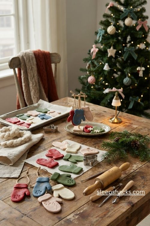 Mini polymer clay mitten christmas ornaments with colorful cuffs and tiny snowflake patterns