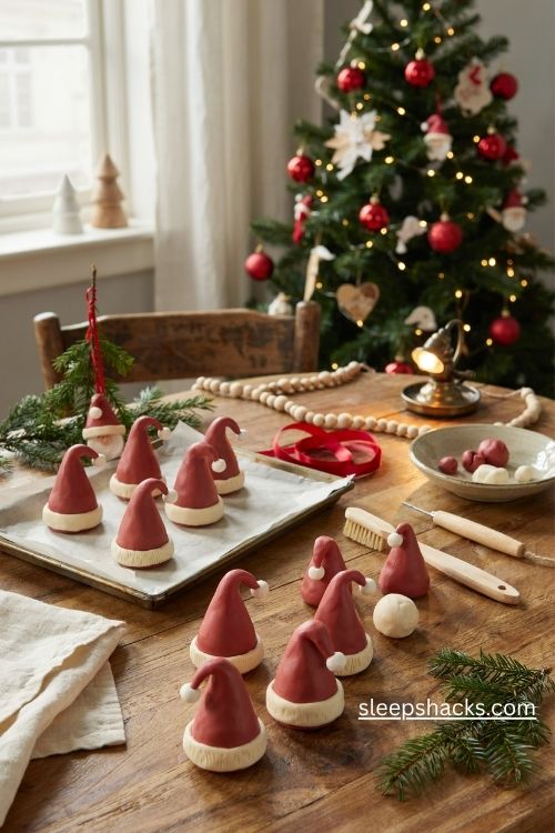 Mini polymer clay santa hat christmas ornaments with textured white trim and red ribbon