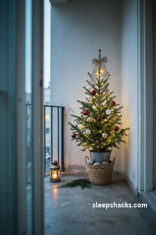 Mini potted Christmas tree on a small apartment balcony with warm white lights shatterproof ornaments and a rustic woven basket planter