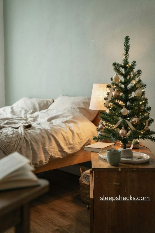 Mini pre lit christmas tree on a wooden bedroom nightstand with soft ornaments and warm glowing lights