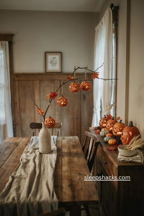 Mini pumpkin lanterns with LED candles for Thanksgiving decor 