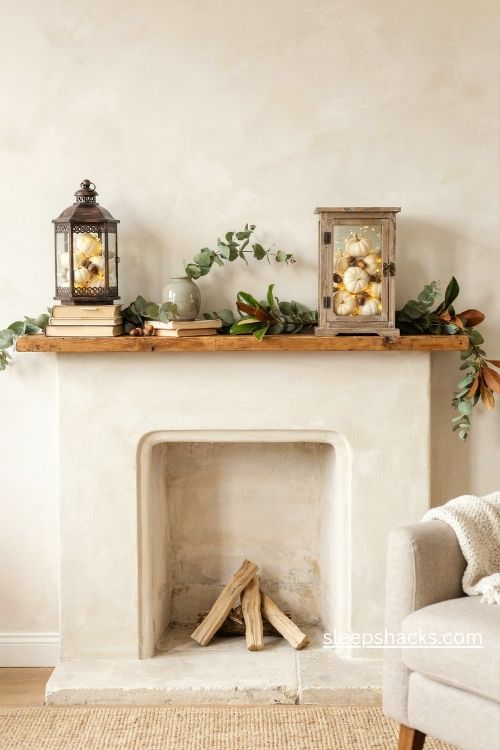 Mini pumpkin mantel lanterns with eucalyptus garland and warm fairy lights 