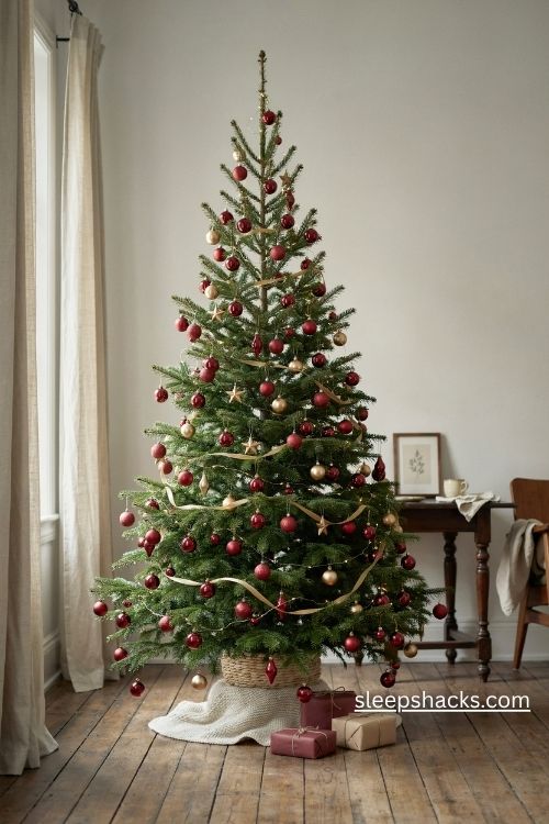 Mini red and gold christmas ornaments on a slim tree with delicate gold ribbon
