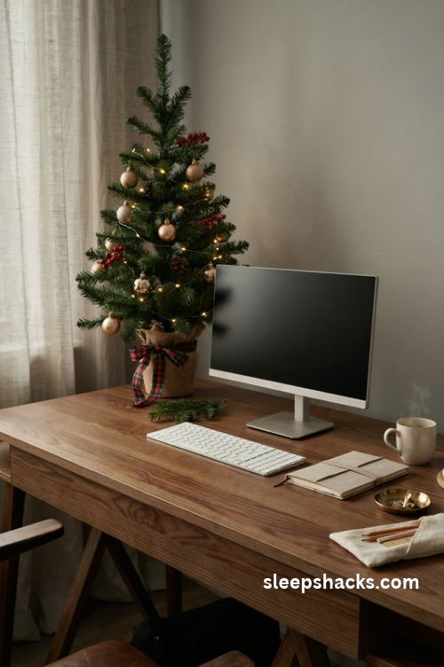 Mini tabletop Christmas tree with tiny gold ornaments red berries and warm white lights on a cozy desk