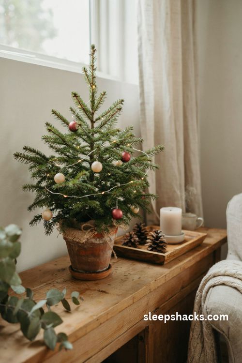 Mini tabletop Christmas tree with tiny ornaments pinecones and cozy neutral holiday decor