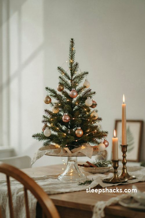 Mini tabletop christmas tree on a glass cake stand with blush ornaments and warm white lights