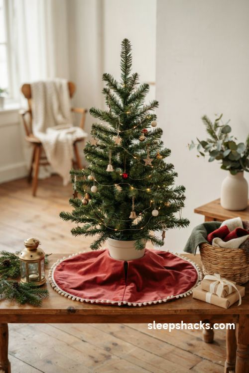 Mini tabletop christmas tree skirt pattern with velvet fabric and pom pom trim